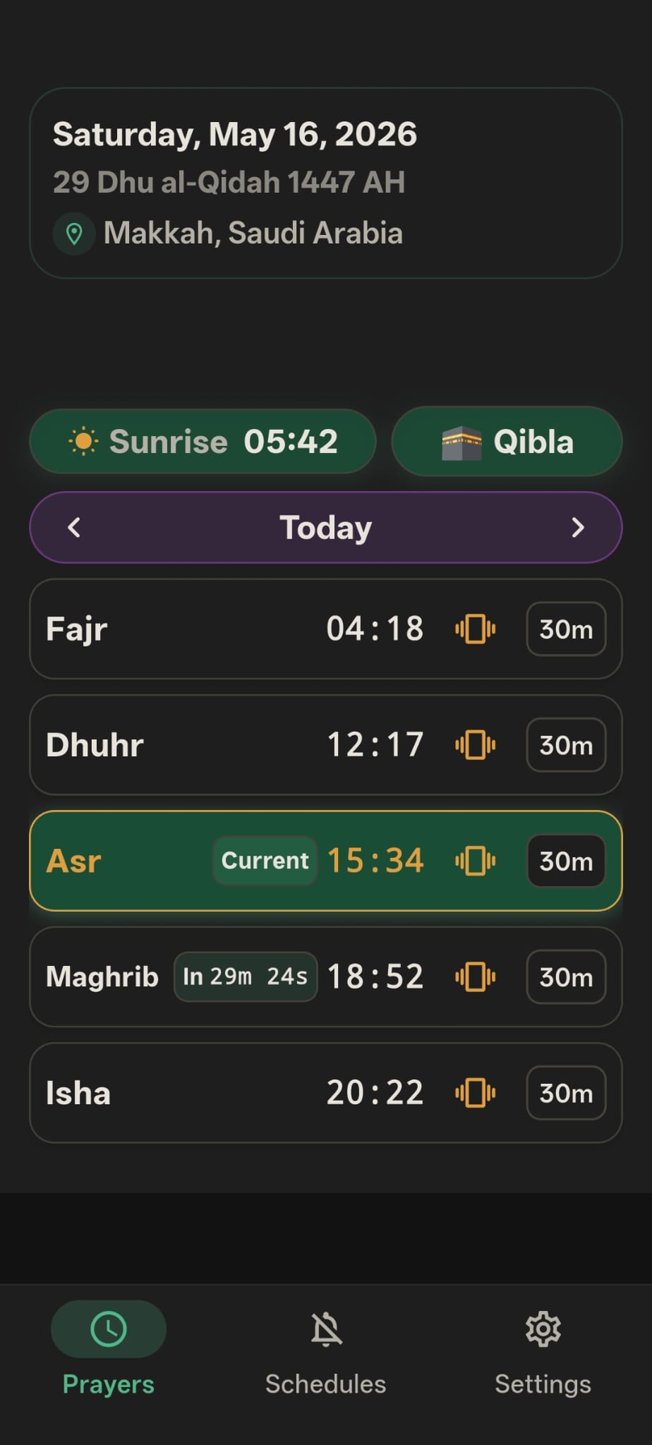 Prayer times and per-prayer mode settings in Inqita
