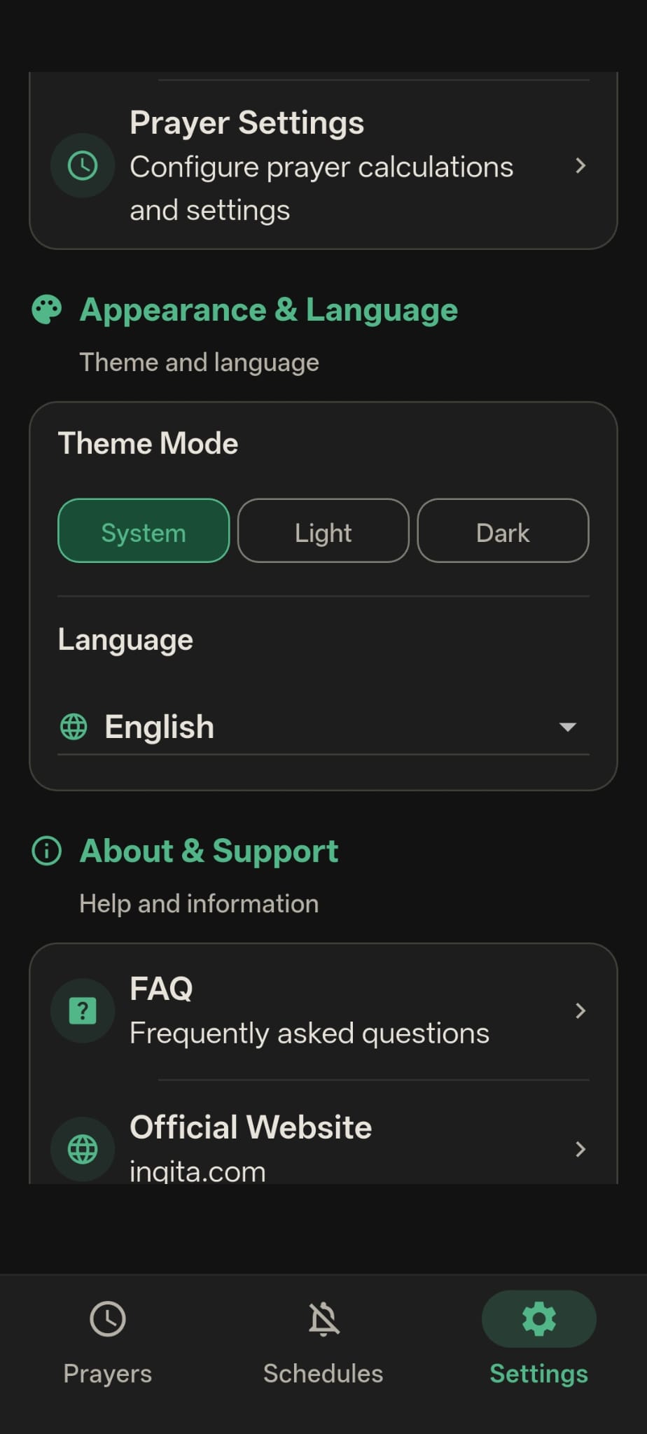 Inqita settings screen